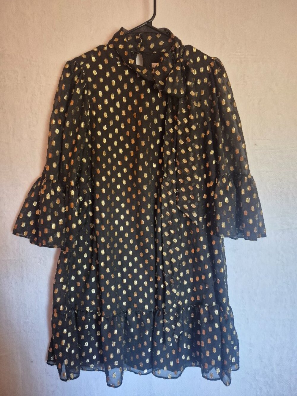 Calvin Klein Size 10 Black Gold Metallic Clip Dot High-Neck Tie Cocktail Dress
